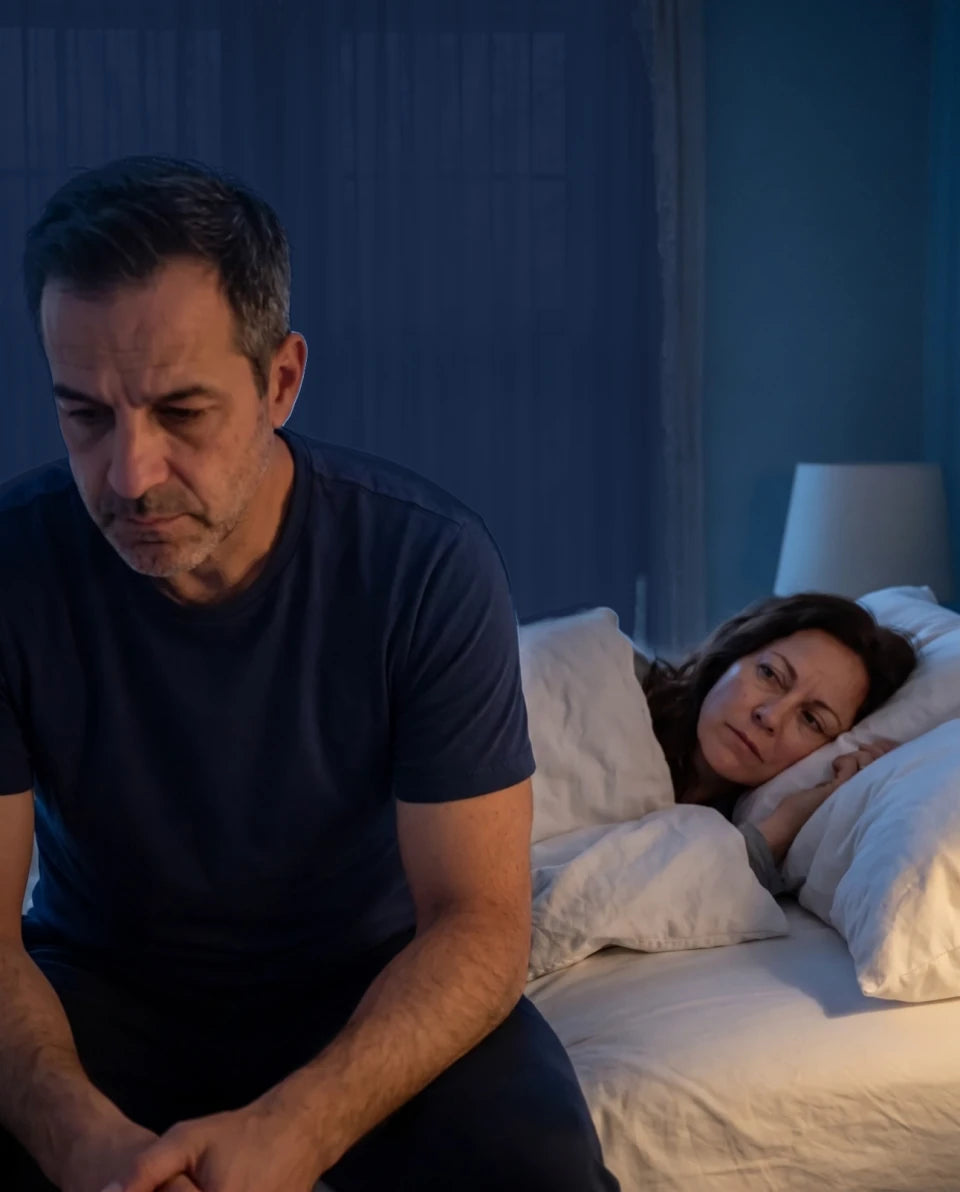 At 3 a.m. he sits on the edge of the bed; she wakes and watches him