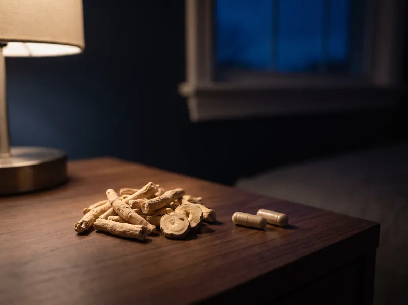 Dried ashwagandha root and two capsules on a nightstand at night.
