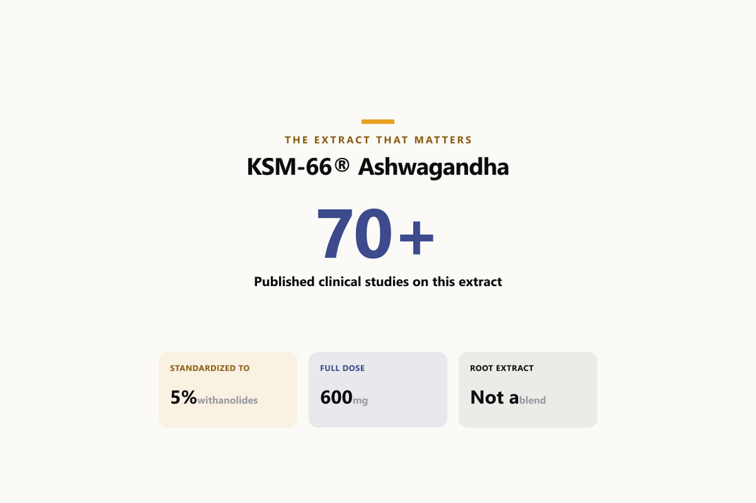KSM-66 Ashwagandha: 70+ published clinical studies, standardized to 5% withanolides, 600mg full clinical dose