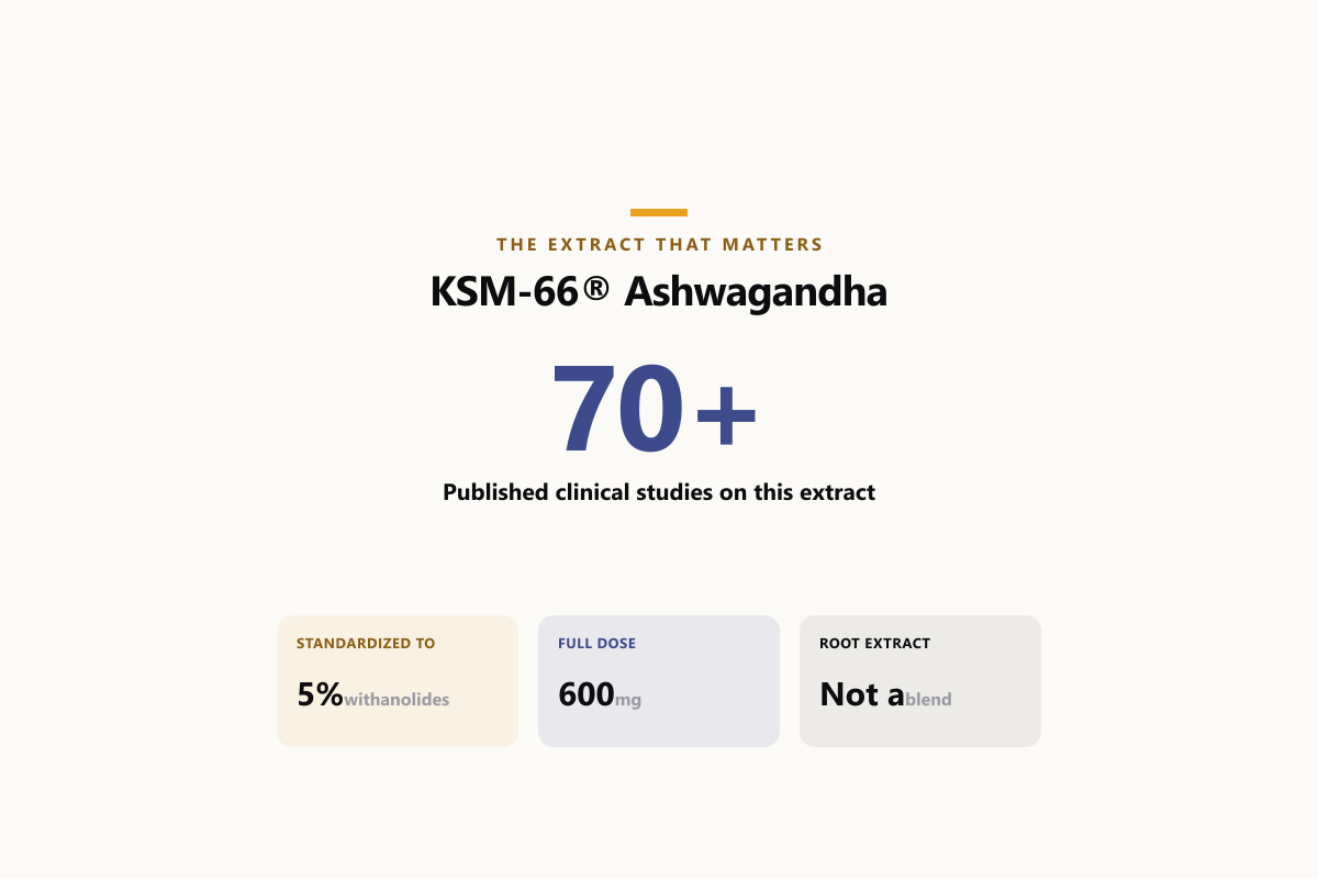 KSM-66 Ashwagandha: 70+ published clinical studies, standardized to 5% withanolides, 600mg full clinical dose