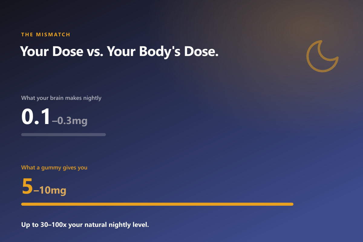 Melatonin's natural dose (0.1-0.3mg) versus a typical gummy dose (5-10mg)