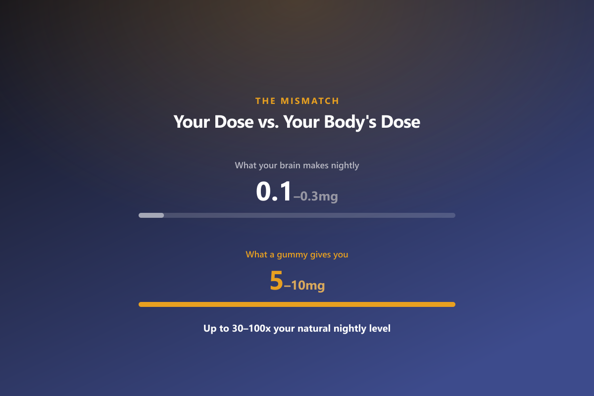 Melatonin's natural dose (0.1-0.3mg) versus a typical gummy dose (5-10mg)