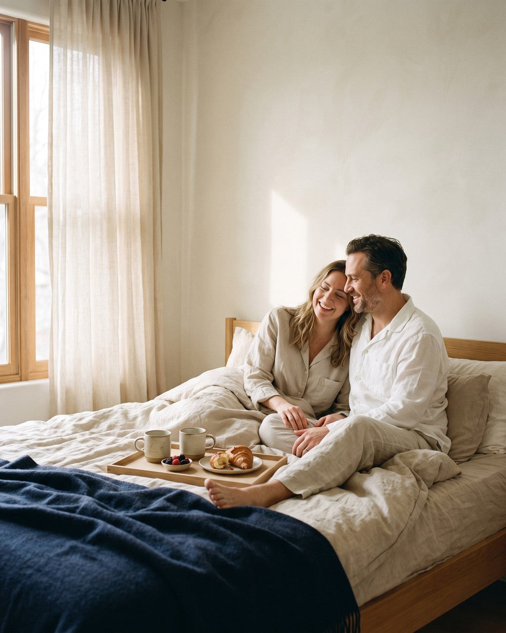 A couple sharing breakfast in bed in the morning light.
