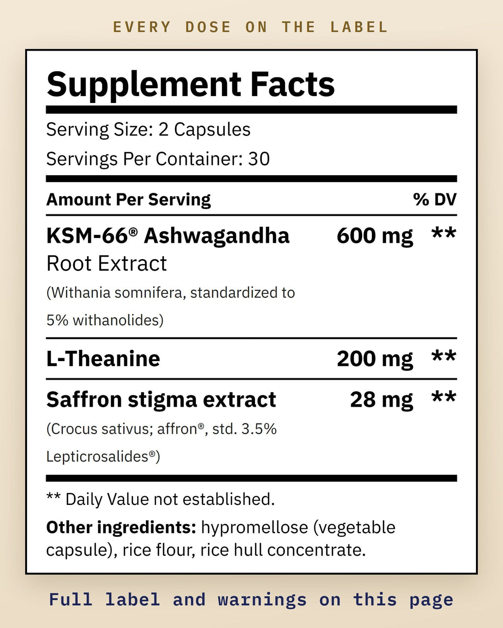 Supplement Facts for Small Hours: KSM-66 ashwagandha root extract 600 mg, L-theanine 200 mg, saffron stigma extract (affron) 28 mg per serving of 2 capsules.