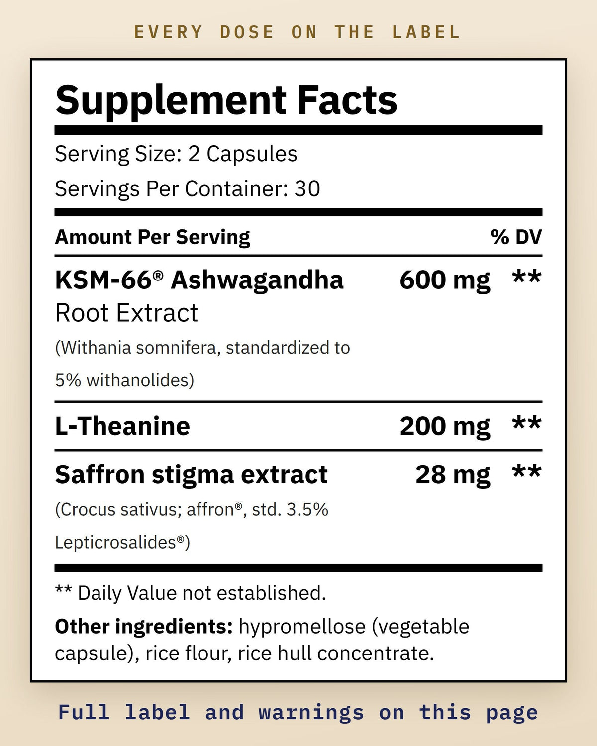 Supplement Facts for Small Hours: KSM-66 ashwagandha root extract 600 mg, L-theanine 200 mg, saffron stigma extract (affron) 28 mg per serving of 2 capsules.