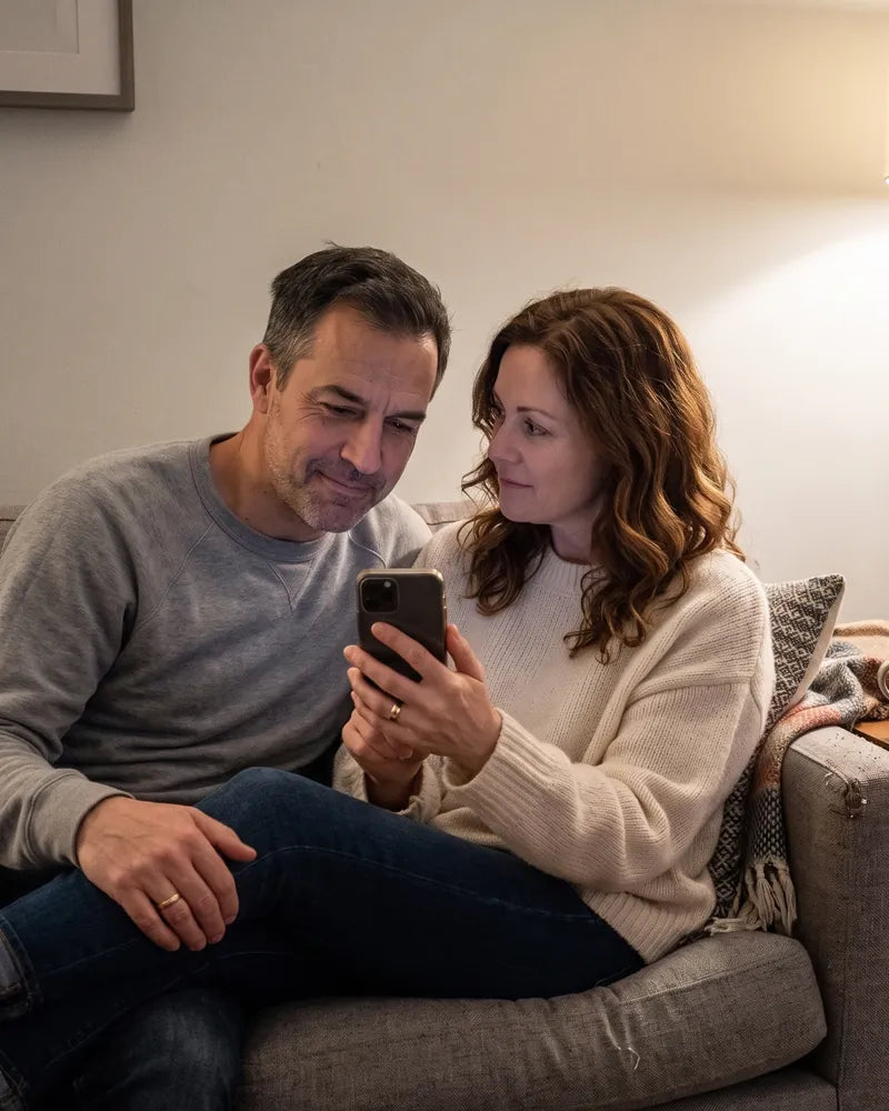 Evening on the sofa: she shows him something on her phone