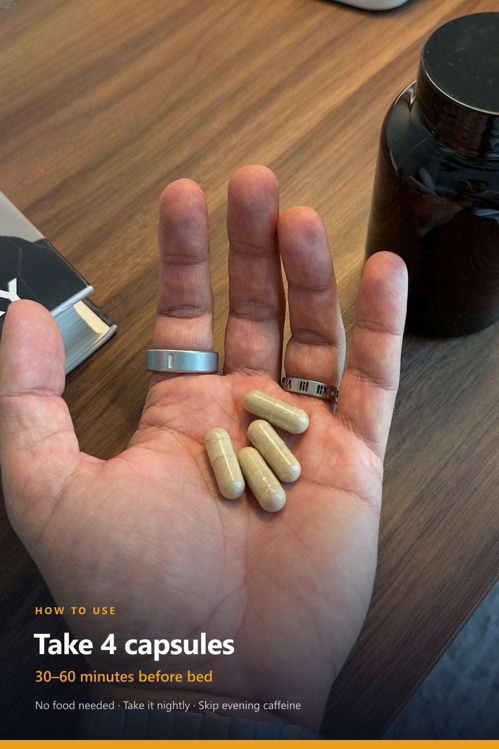 Four capsules, thirty to sixty minutes before bed