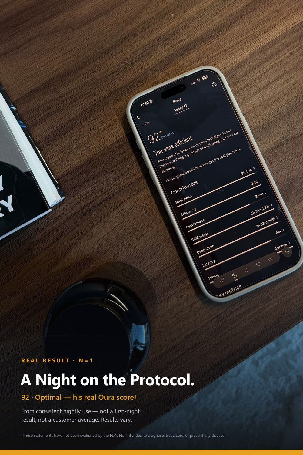 Oleg's own Oura sleep score of 92, Optimal, from consistent nightly use of Night Reset
