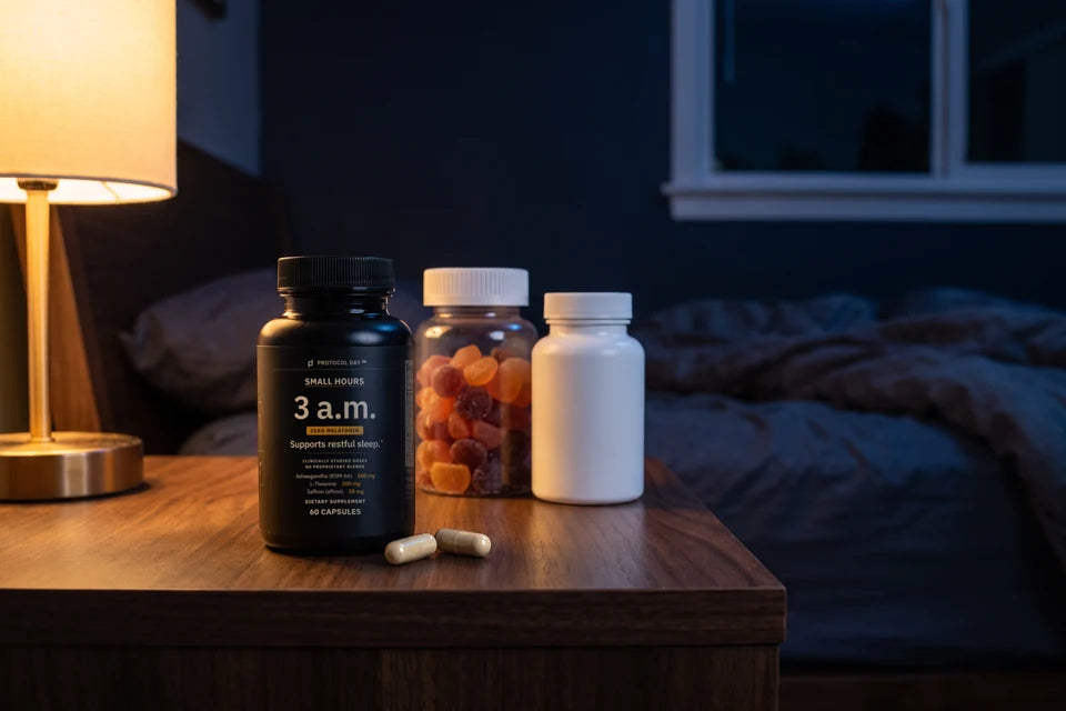 A Small Hours bottle in front on a nightstand at night, with a jar of gummies and a white supplement bottle behind it.