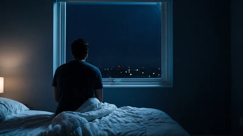 A man sits up in bed at night, his back to the camera, looking out the window at the city lights.