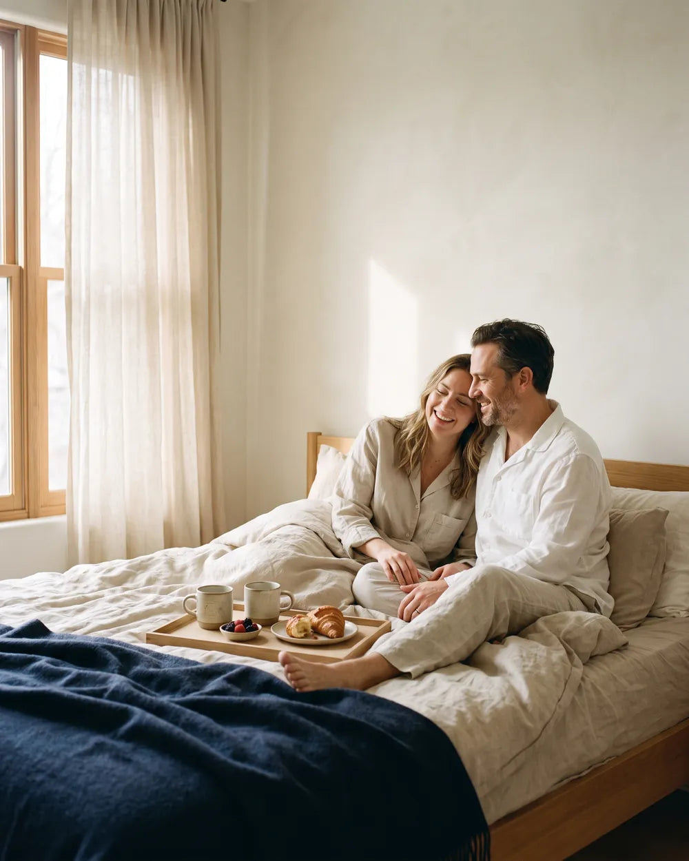 A couple sharing breakfast in bed in the morning light.