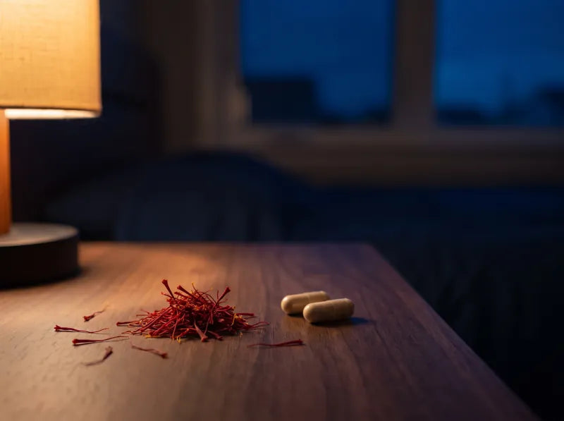 Saffron threads and two capsules on a nightstand at night.