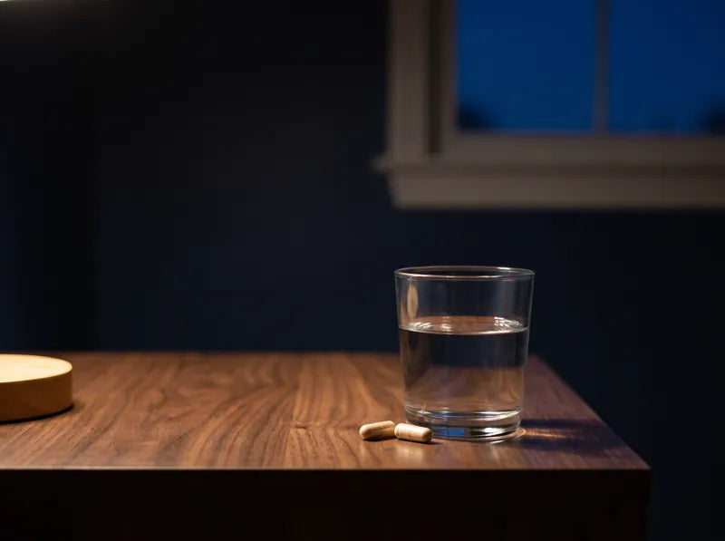 A glass of water and two capsules on a nightstand at night.